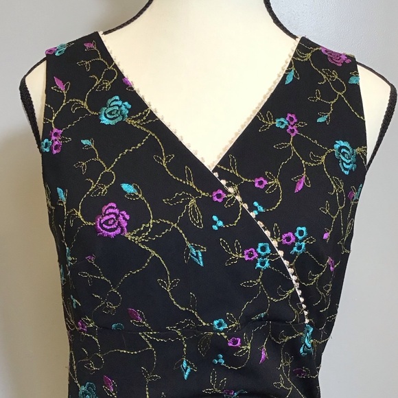 Vintage 90s Nicole Miller Floral Midi Embroidered Lace V-Neck Black Dress Size 8 - Picture 6 of 16